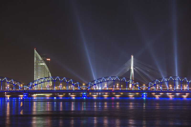 Night view of illuminated bridges