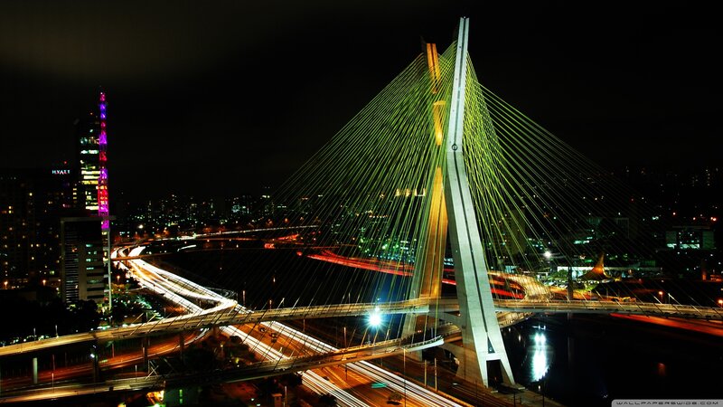 Night view of illuminated cable-stayed bridge