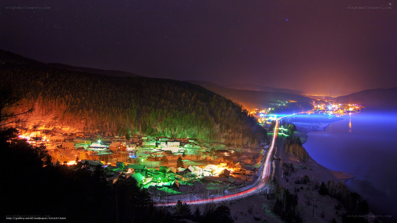 Night view of lakeside village
