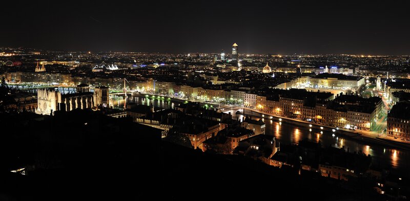 Night view of Lyon cityscape