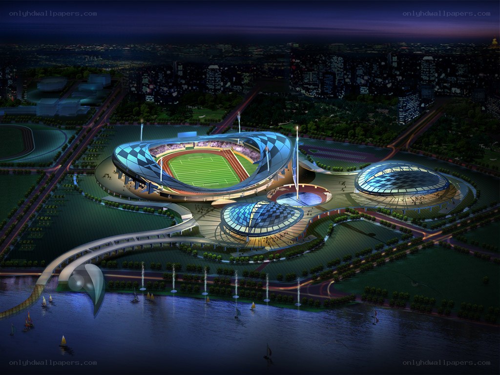 Night view of modern stadium complex