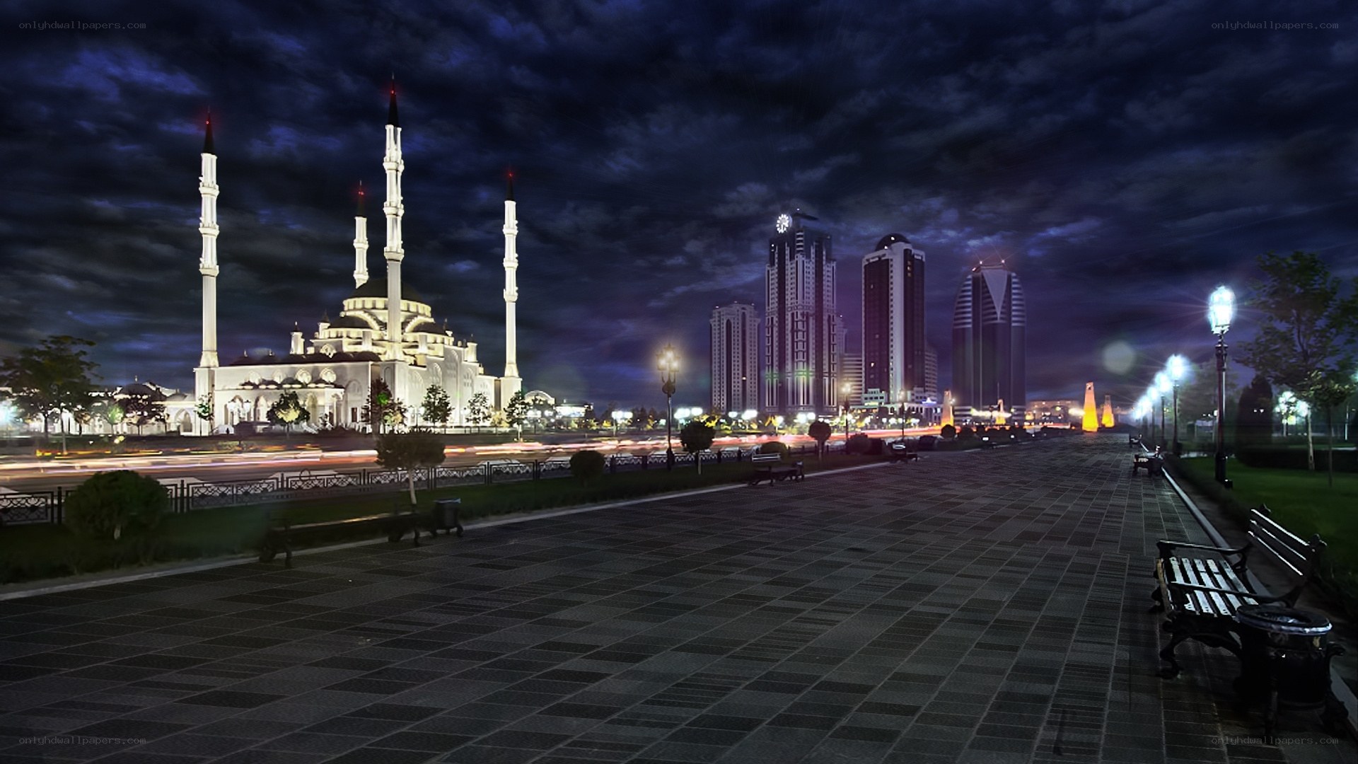 Night view of mosque and city