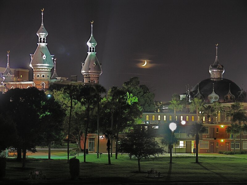 Night view of ornate buildings