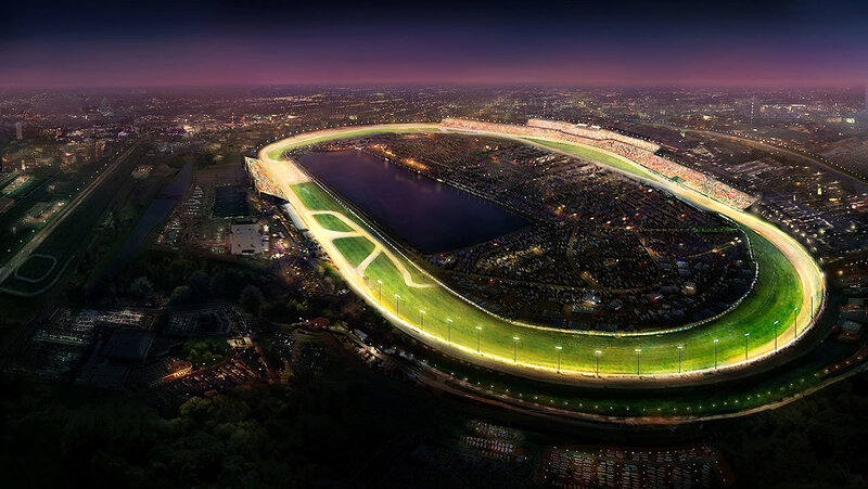Night view of racetrack stadium