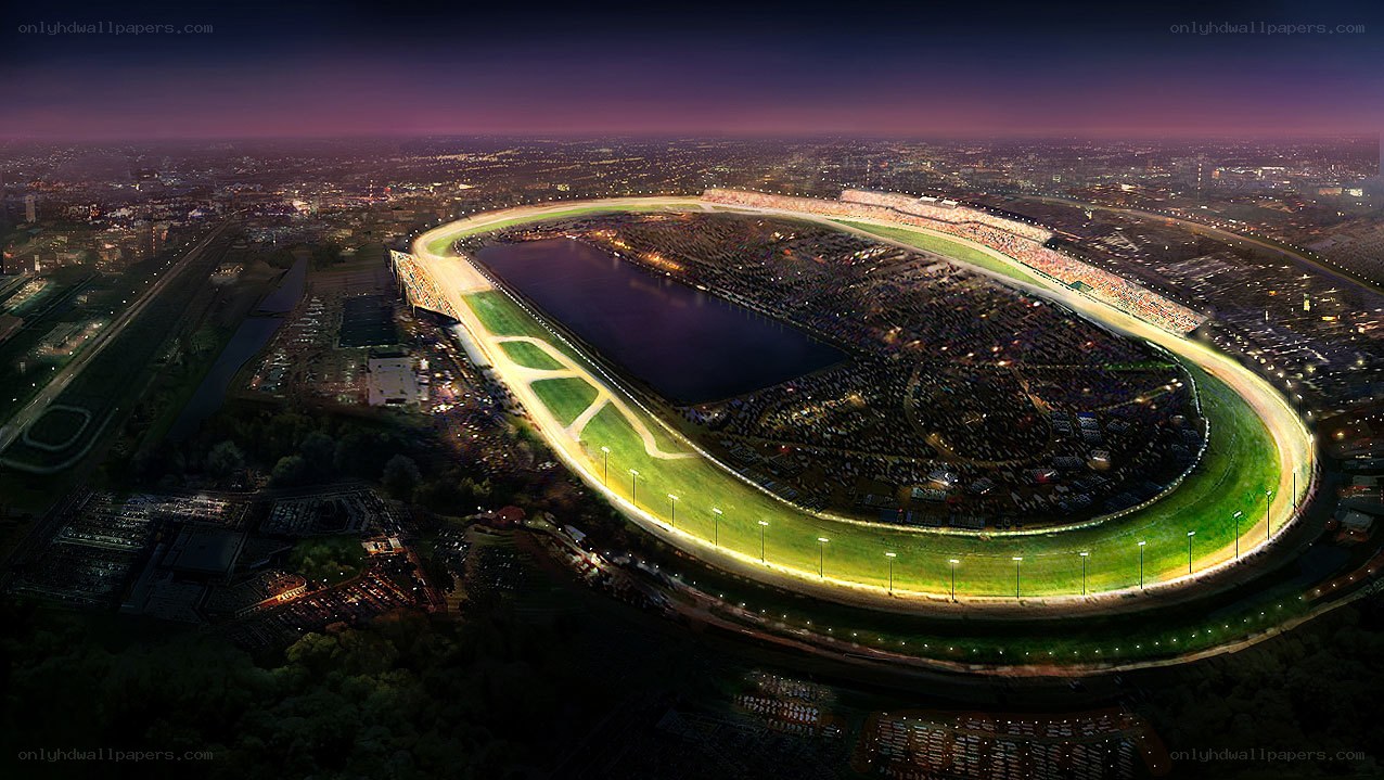 Night view of racetrack stadium