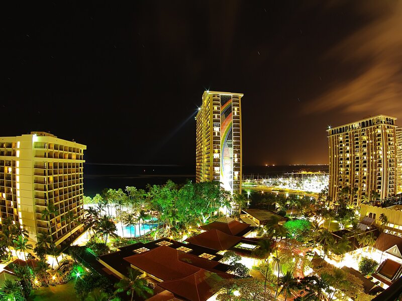 Night view of resort buildings