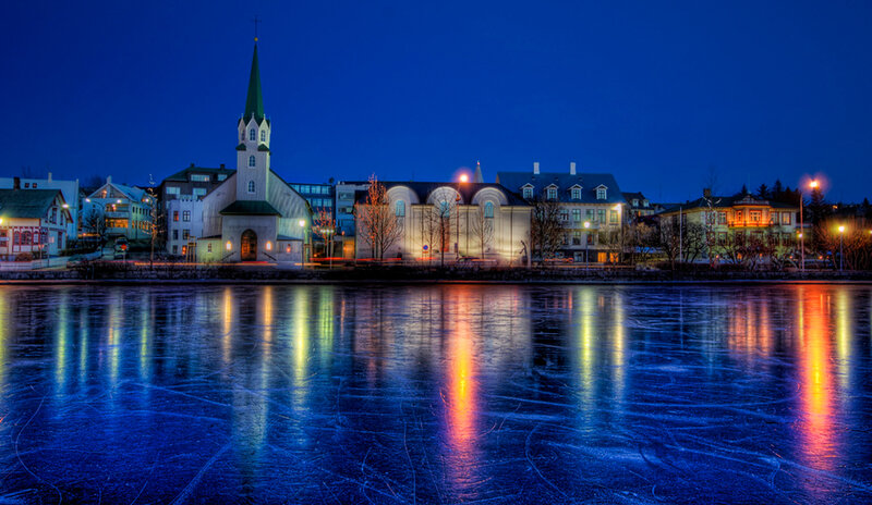 Night view of Reykjavik waterfront