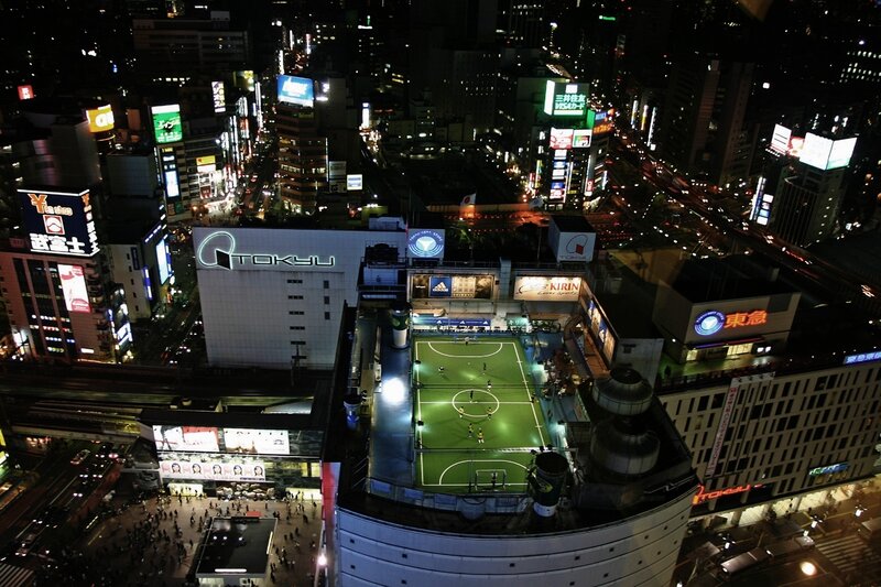 Night view of rooftop soccer field