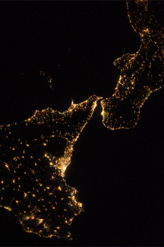 Night view of Sicily and Calabria