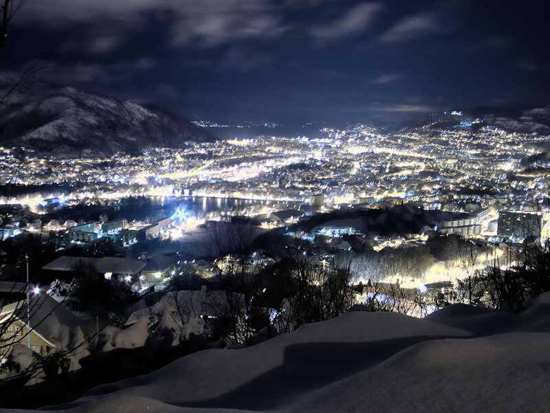 night view of snowy city