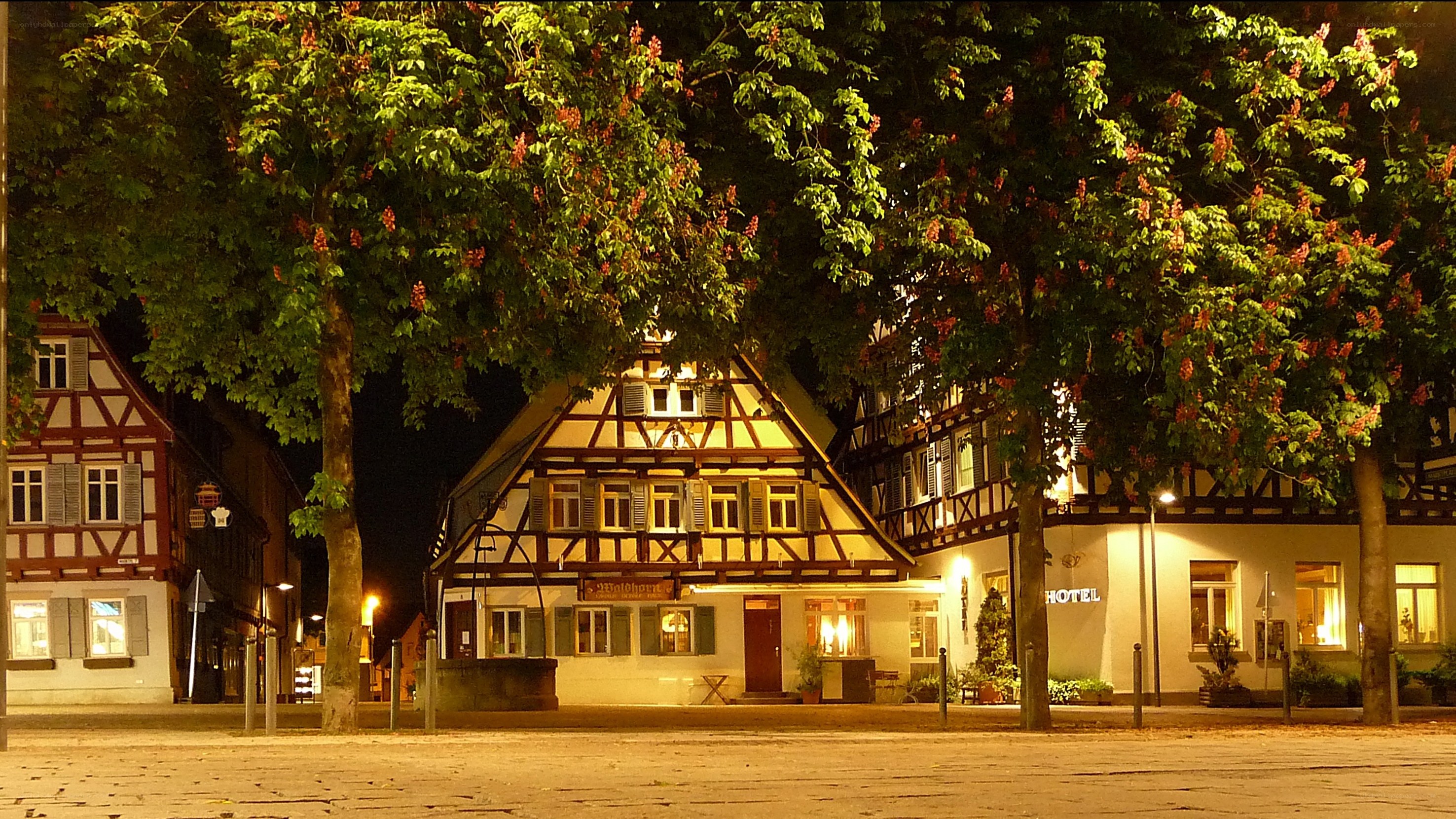 Night view of timber-framed buildings