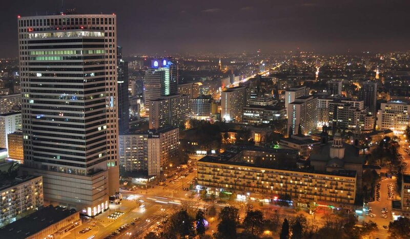 Night view of Warsaw cityscape