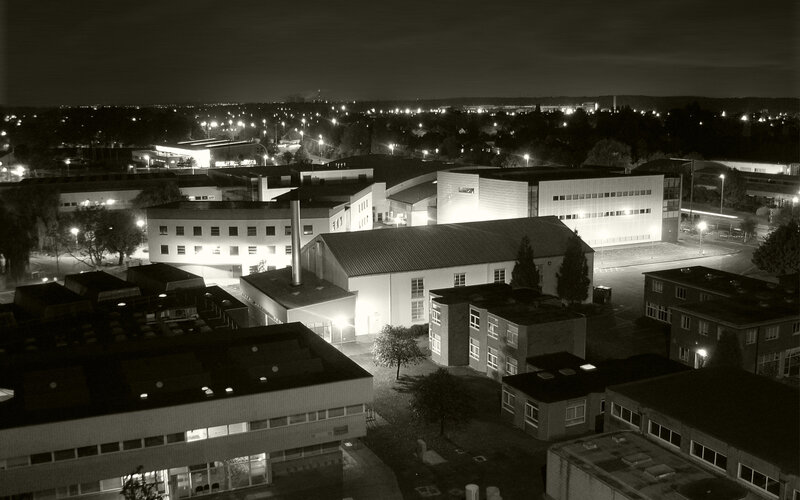 nighttime aerial view of buildings