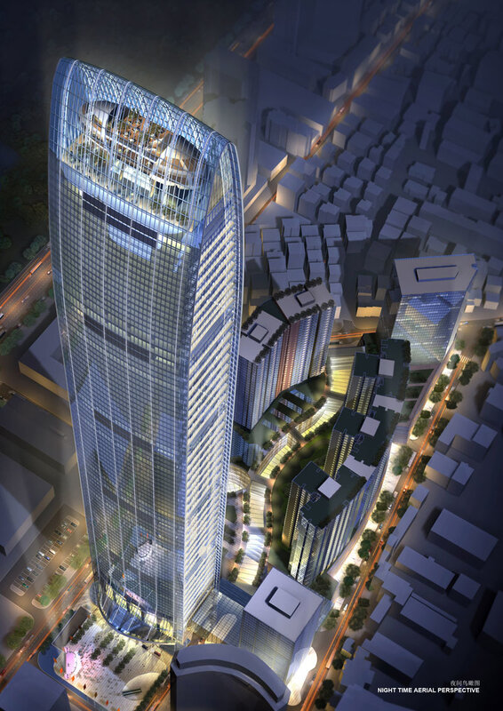 Nighttime aerial view of skyscraper
