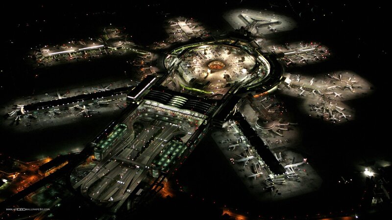 nighttime airport aerial view