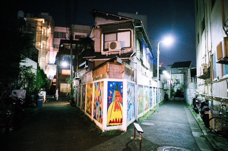 nighttime alley with murals