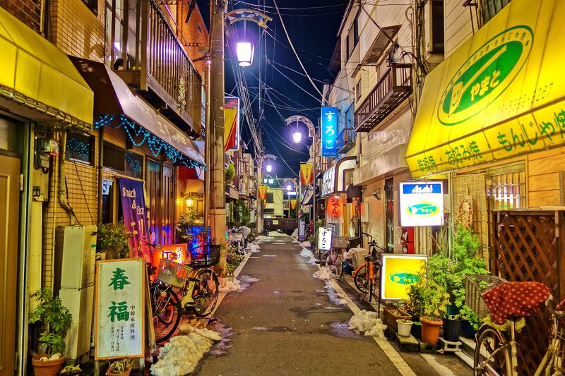 Nighttime Alley with Shops