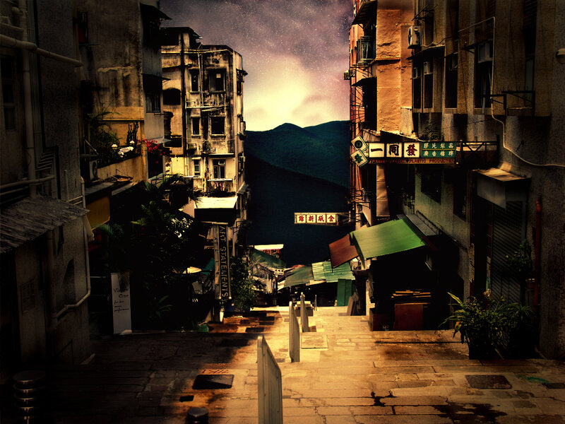 nighttime alley with starry sky