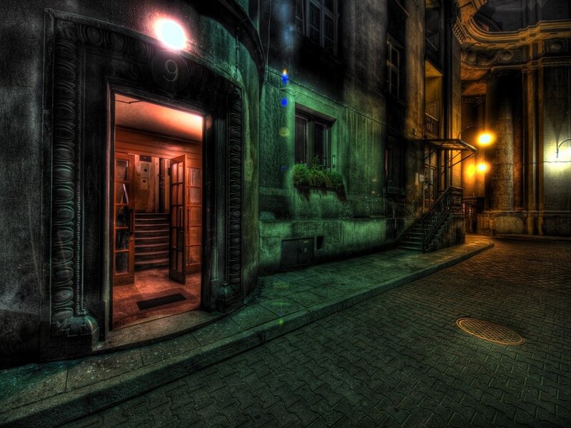 nighttime alleyway entrance