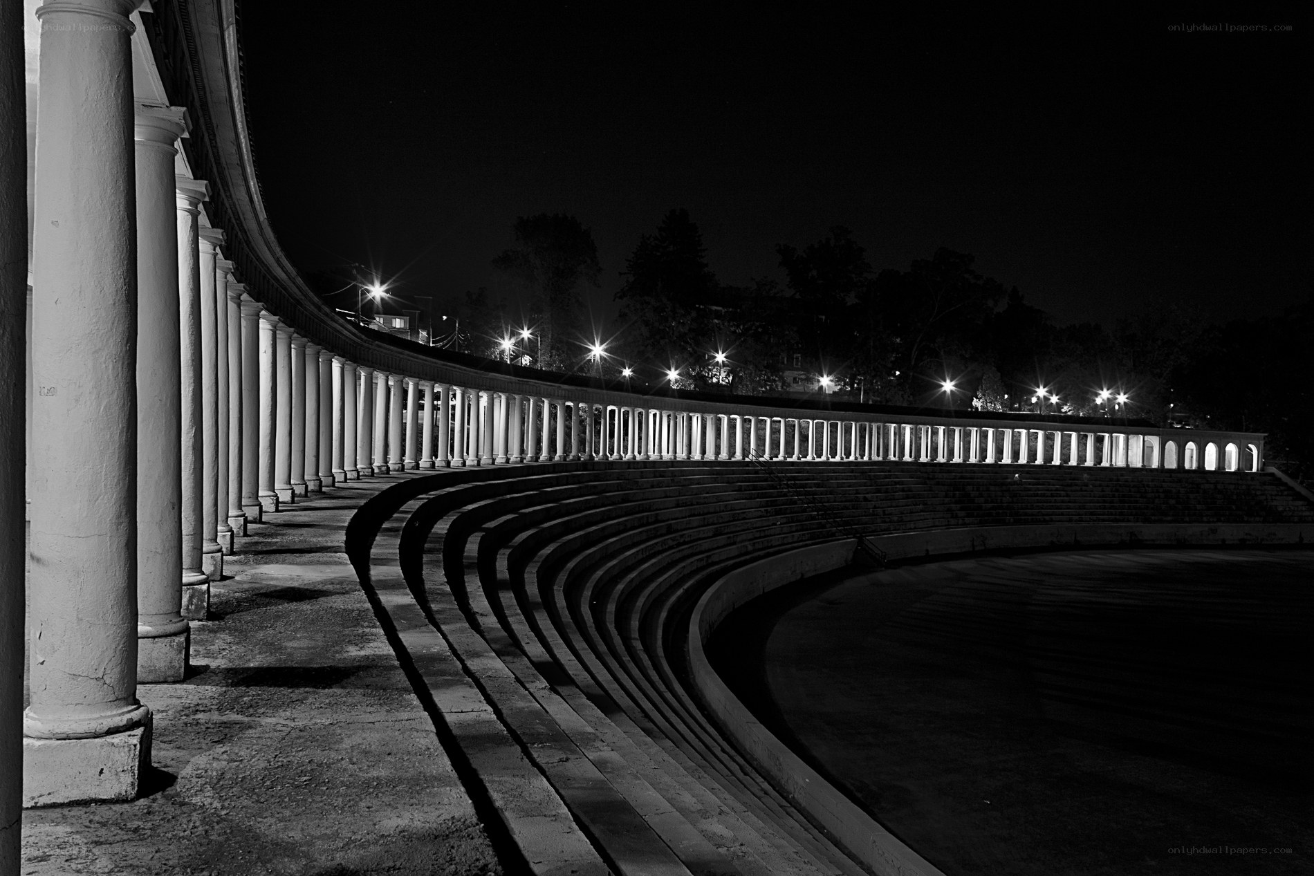 Nighttime amphitheater with columns