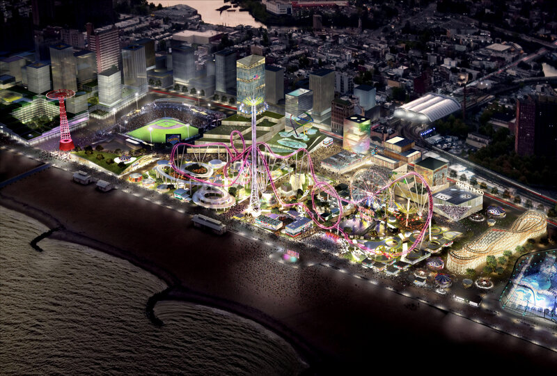 Nighttime amusement park by the sea
