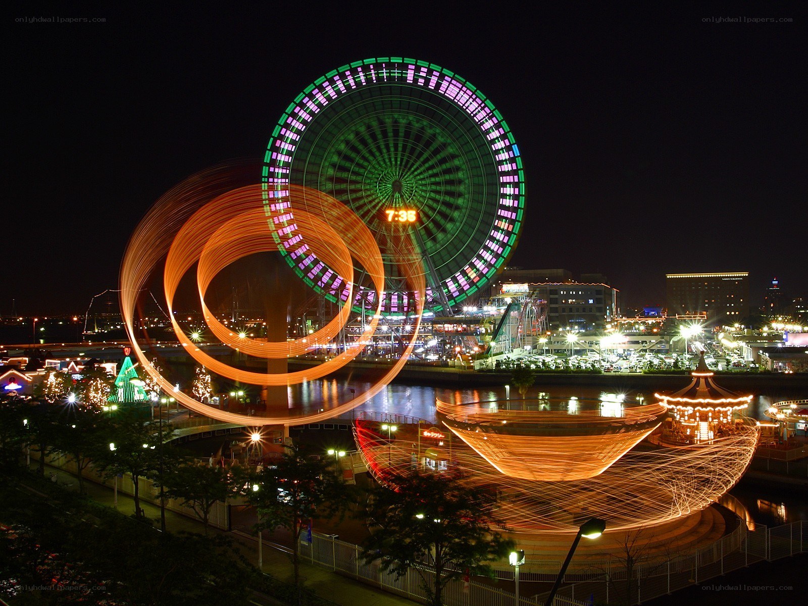 Nighttime amusement park lights
