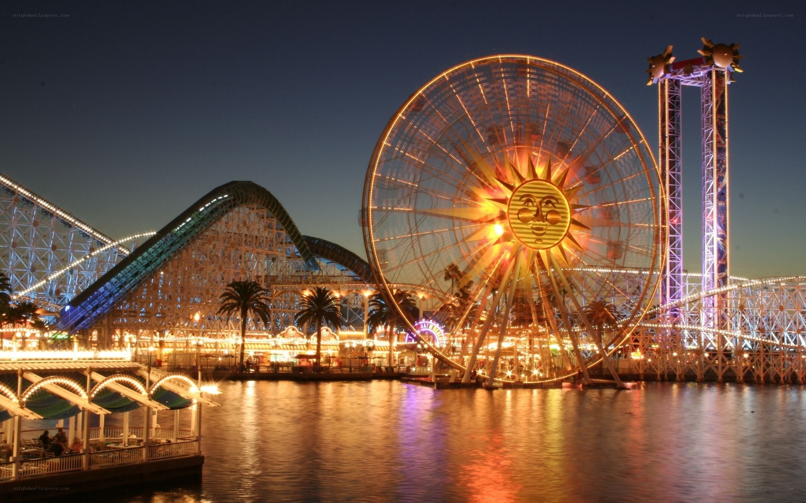 Nighttime amusement park scene