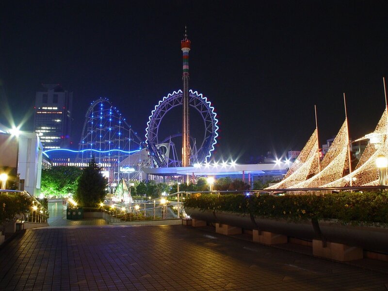 nighttime amusement park view