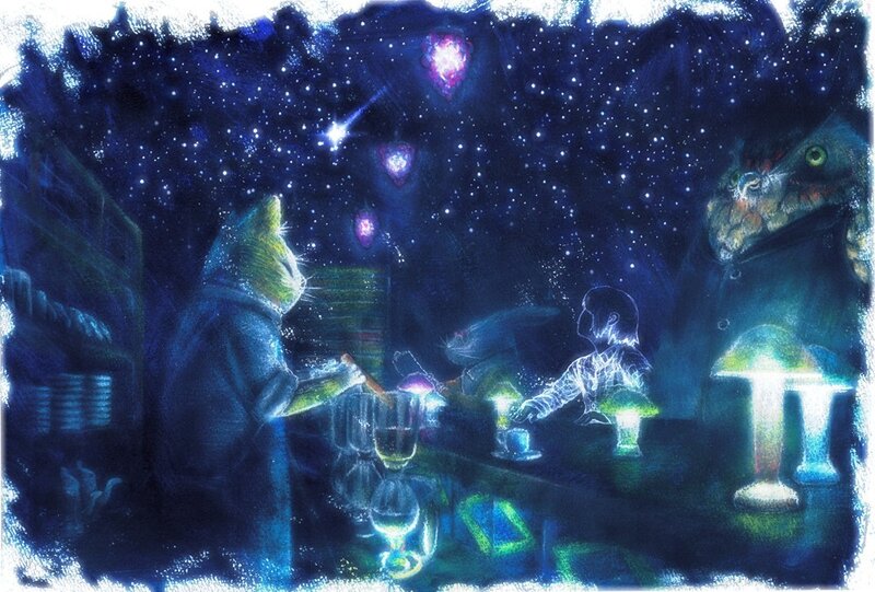 Nighttime bar with magical creatures