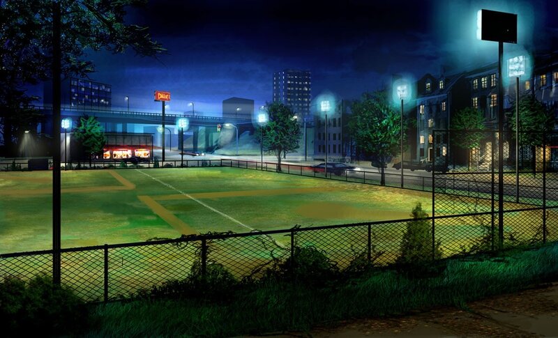 nighttime baseball field scene