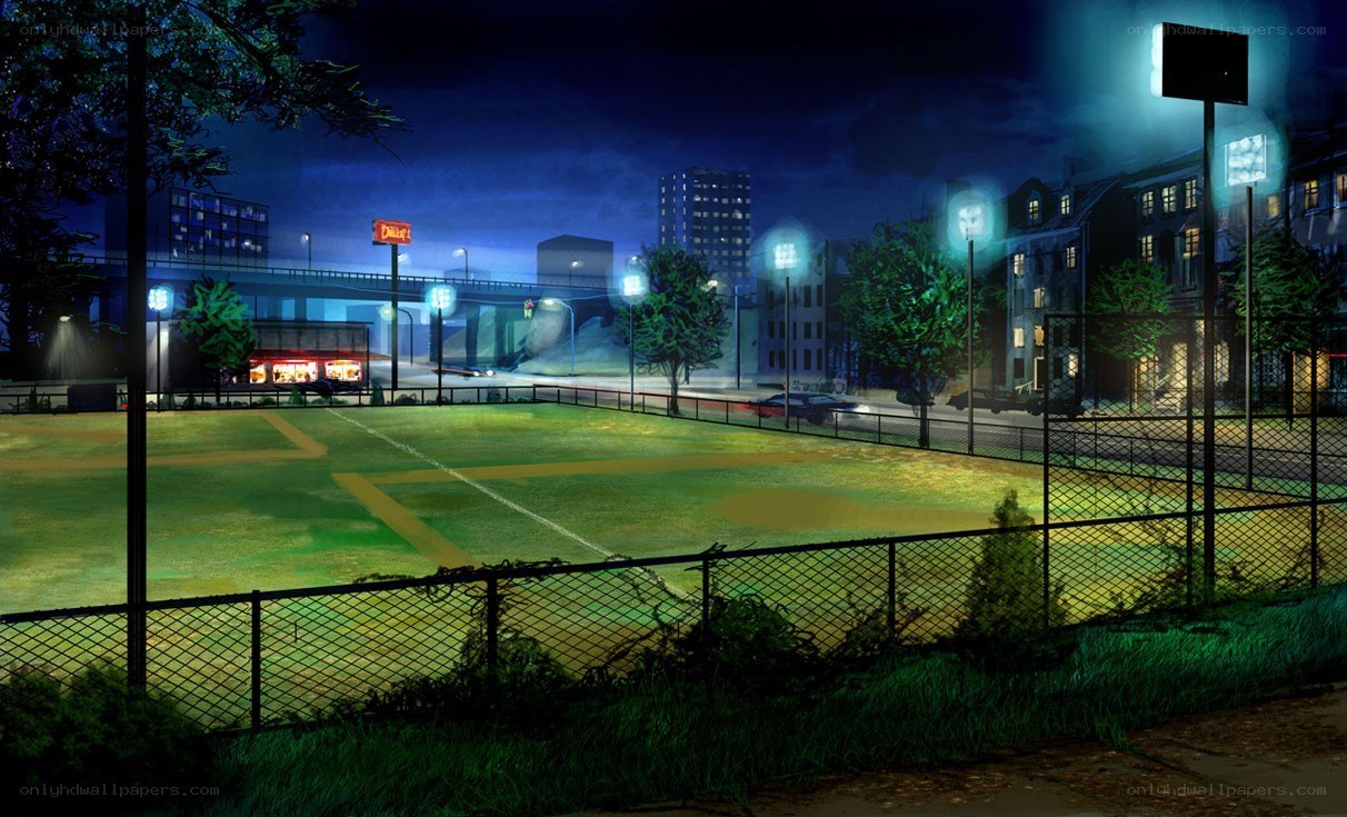 nighttime baseball field scene