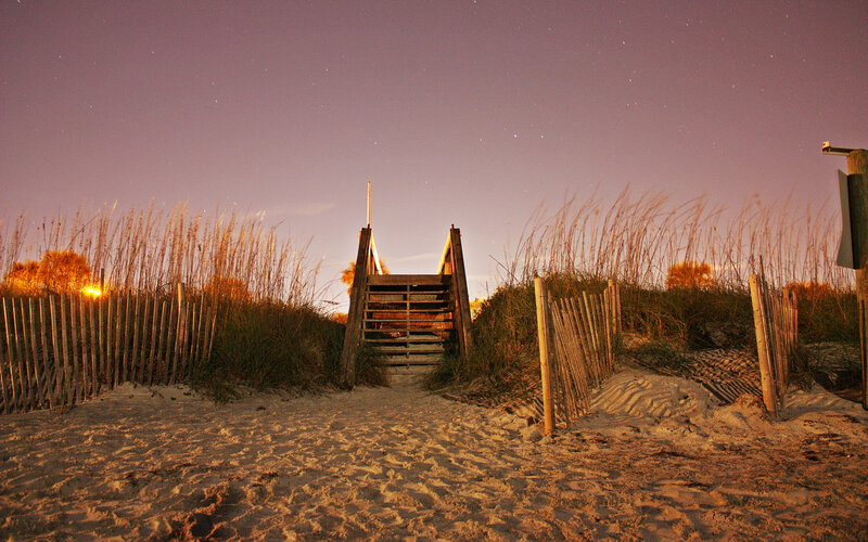 Nighttime beach access stairs