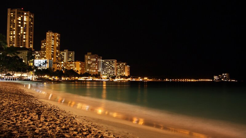 Nighttime Beach Cityscape — Black, Serene