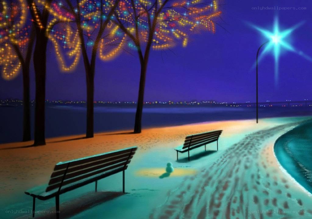 Nighttime beach scene with lights
