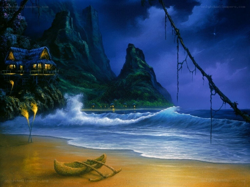 Nighttime beach village scene