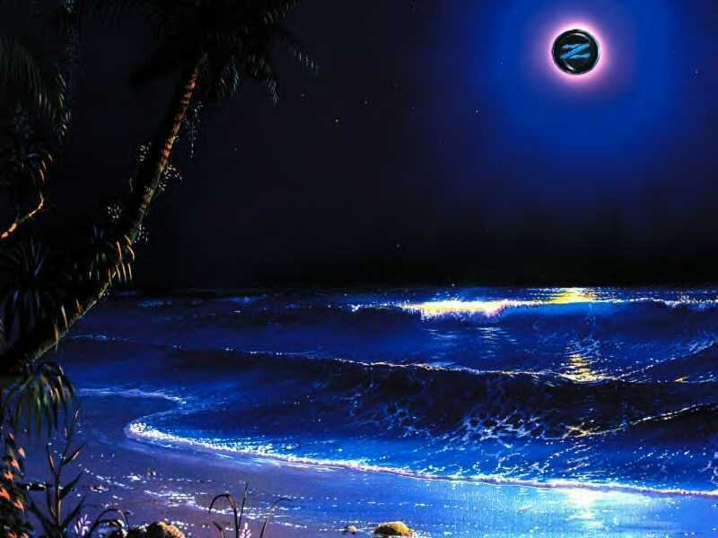nighttime beach with glowing moon