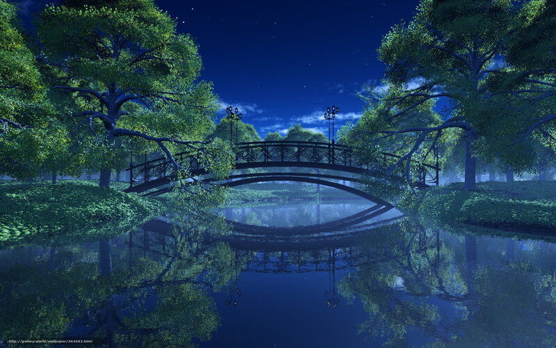 Nighttime bridge over calm river