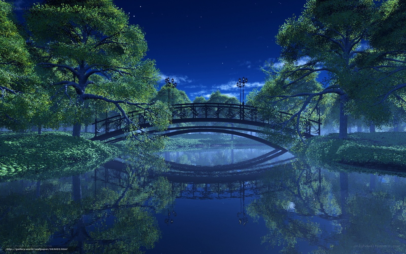 Nighttime bridge over calm river