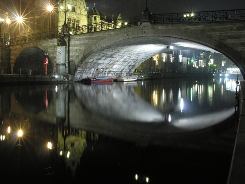 Nighttime bridge over canal