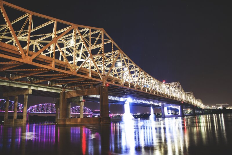 Nighttime bridge over river