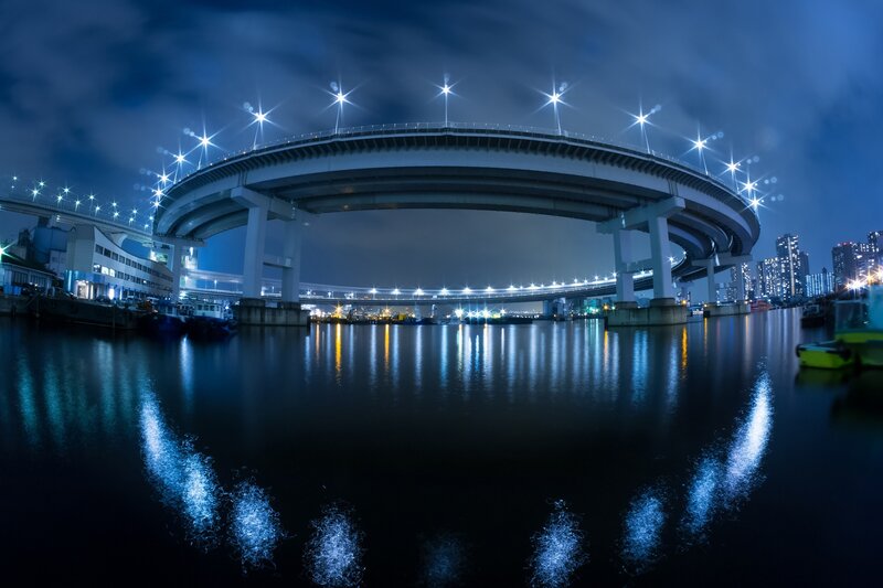 Nighttime bridge over water