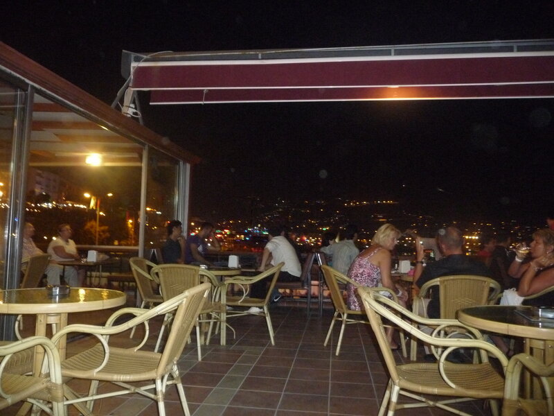 Nighttime cafe with city view