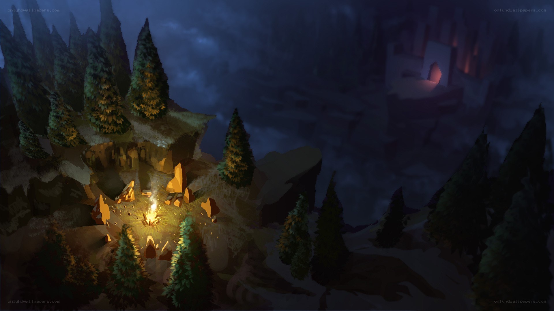 Nighttime camp in a forest