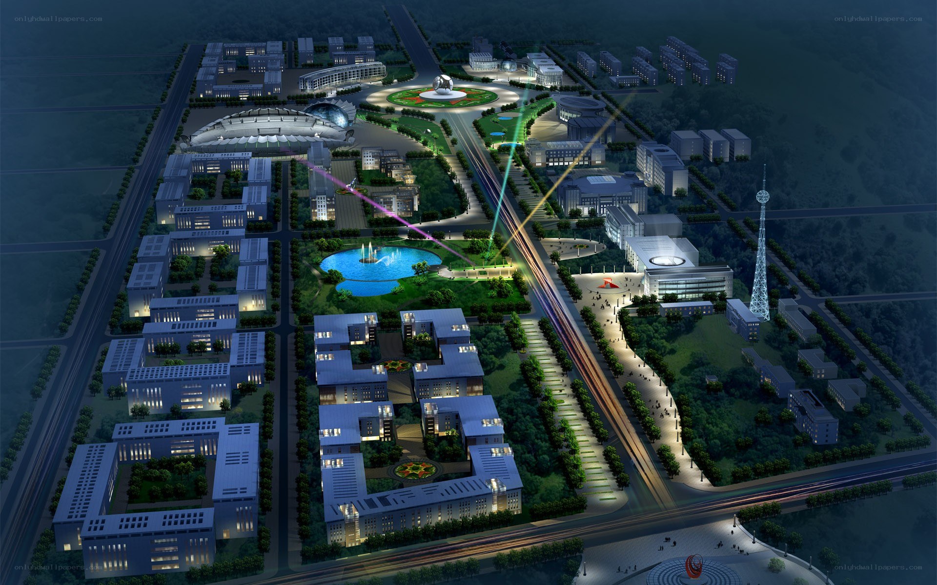 Nighttime campus architectural visualization