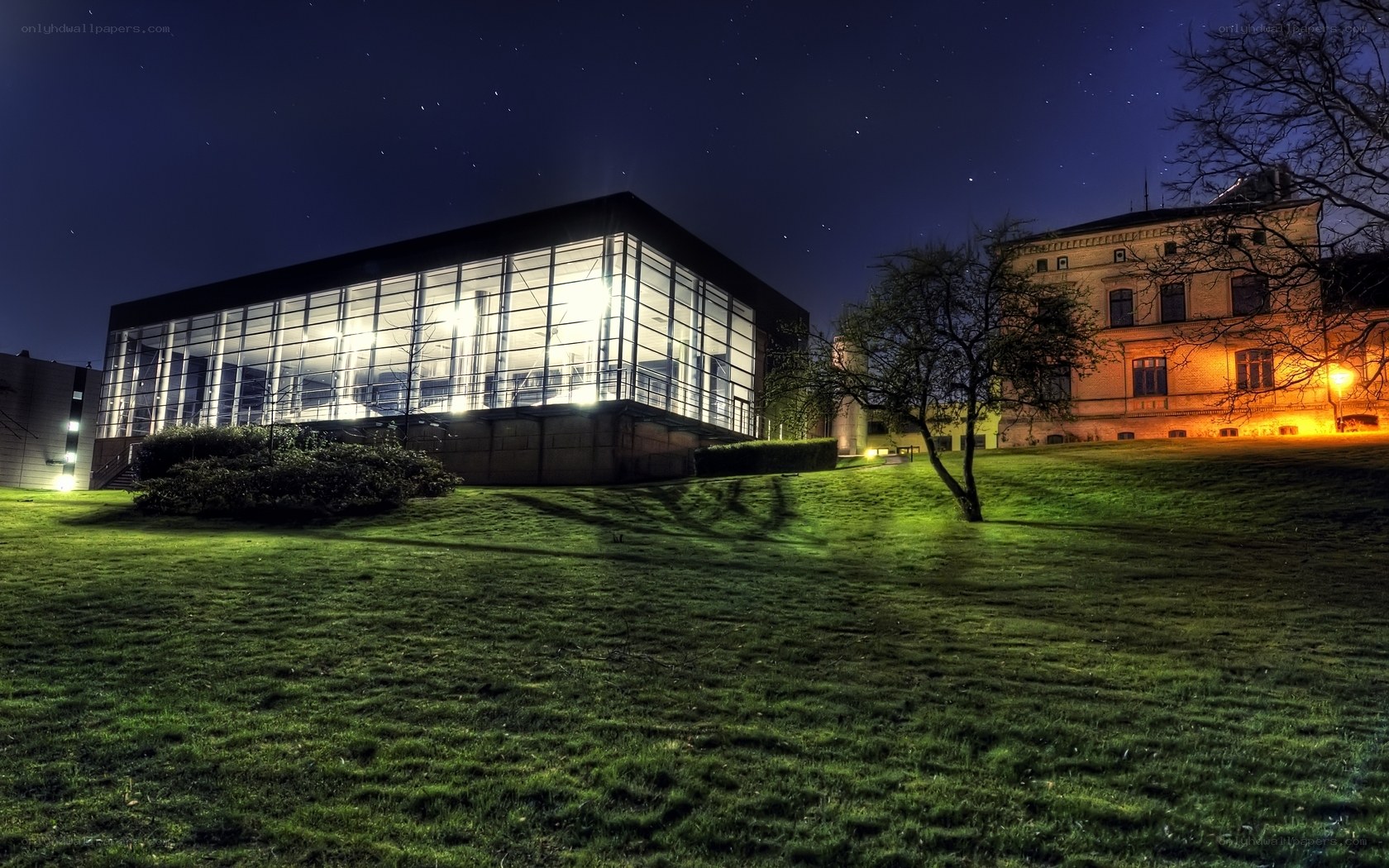 Nighttime campus buildings