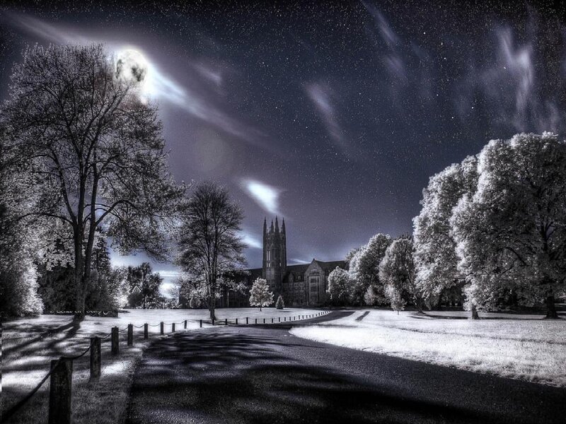 Nighttime campus with moon and stars