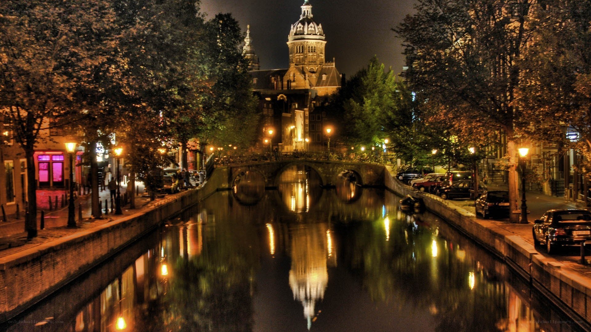 Nighttime canal in Amsterdam