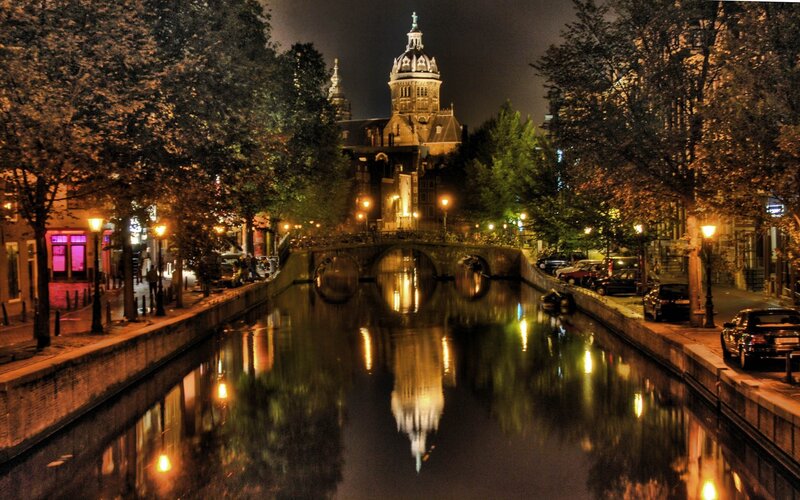 Nighttime canal in Amsterdam