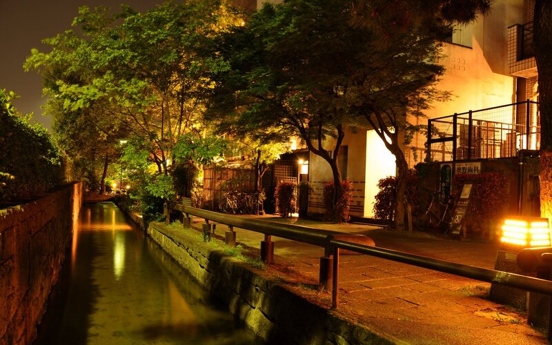 nighttime canal in tokyo