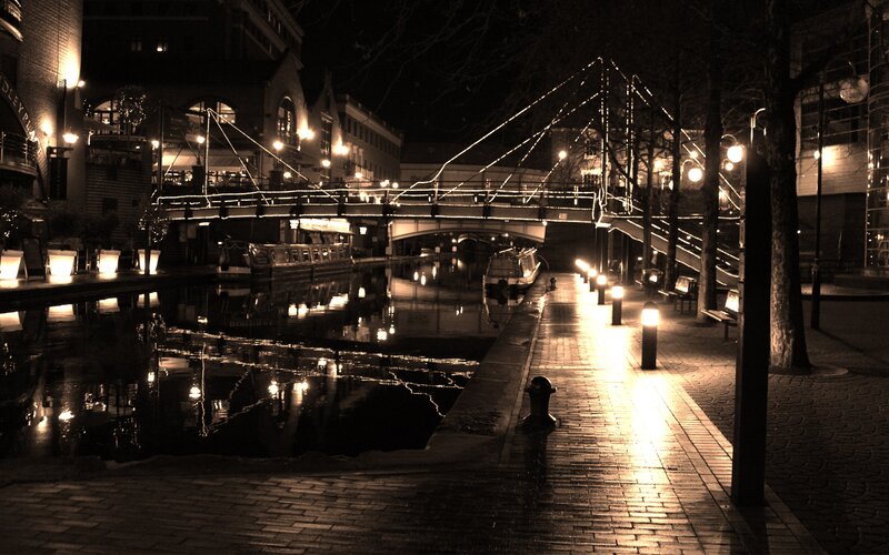nighttime canal scene